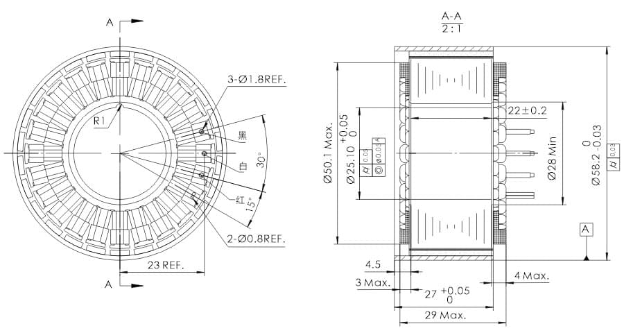 UE5829 — OD 58mm series 无框外转电机 drawing