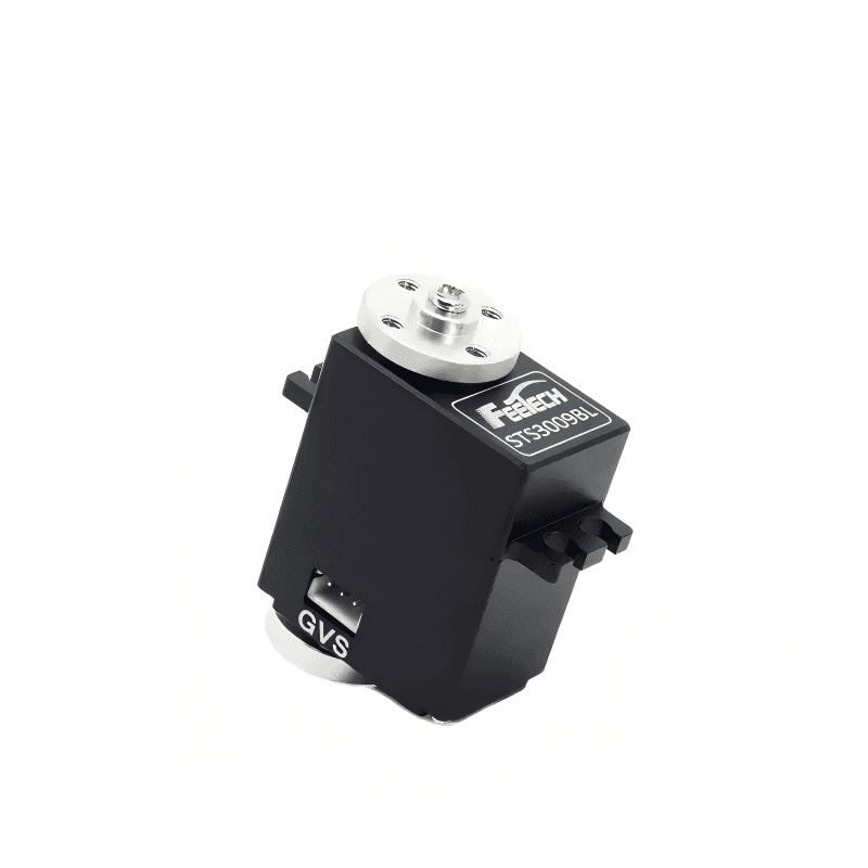 ST-3009-C001 — FEETECH STS3009 servo motor angled view, STS3009BL label with metal output horn on top