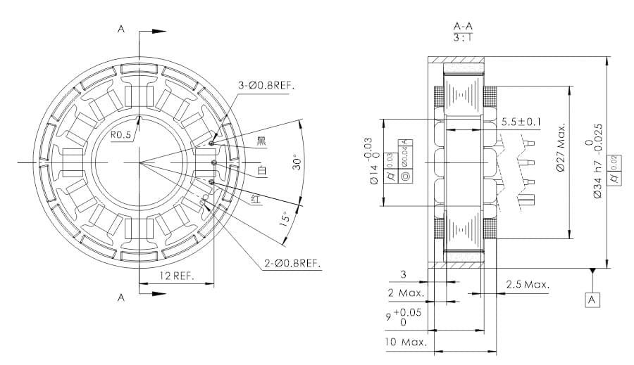 UE3410 — OD 34mm series 无框外转电机 drawing
