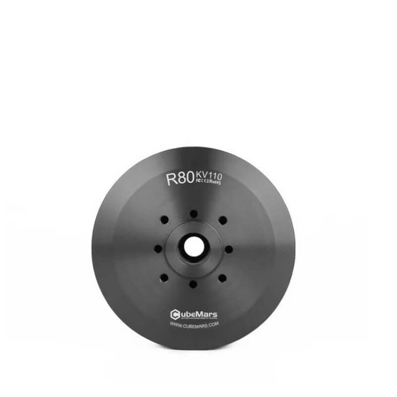 R80 — CubeMars R80 KV110 motor front face with center bore and mounting holes, black housing