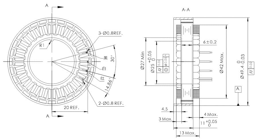 UE4913 — OD 49mm series 无框外转电机 drawing