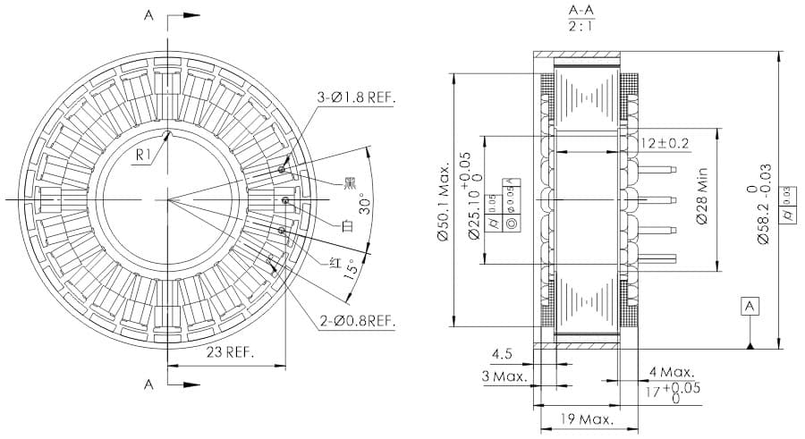UE5819 — OD 58mm series 无框外转电机 drawing