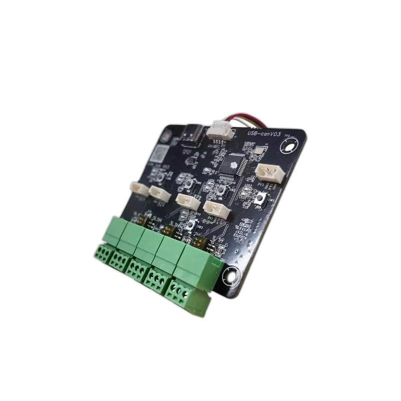 5-Channel — ROBSTRIDE USB-CAN-HUB board with 5 green CAN terminal blocks and JST connectors, angled top view